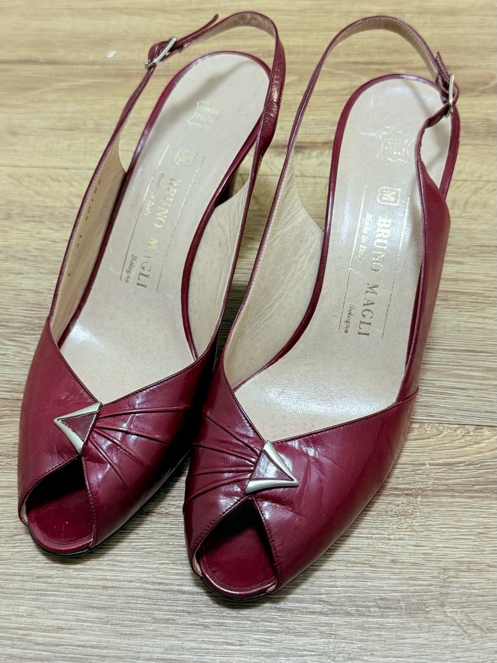 Vintage Bruno Magli Burgundy Leather Peep-Toe Slingback Heels with Gold Accent